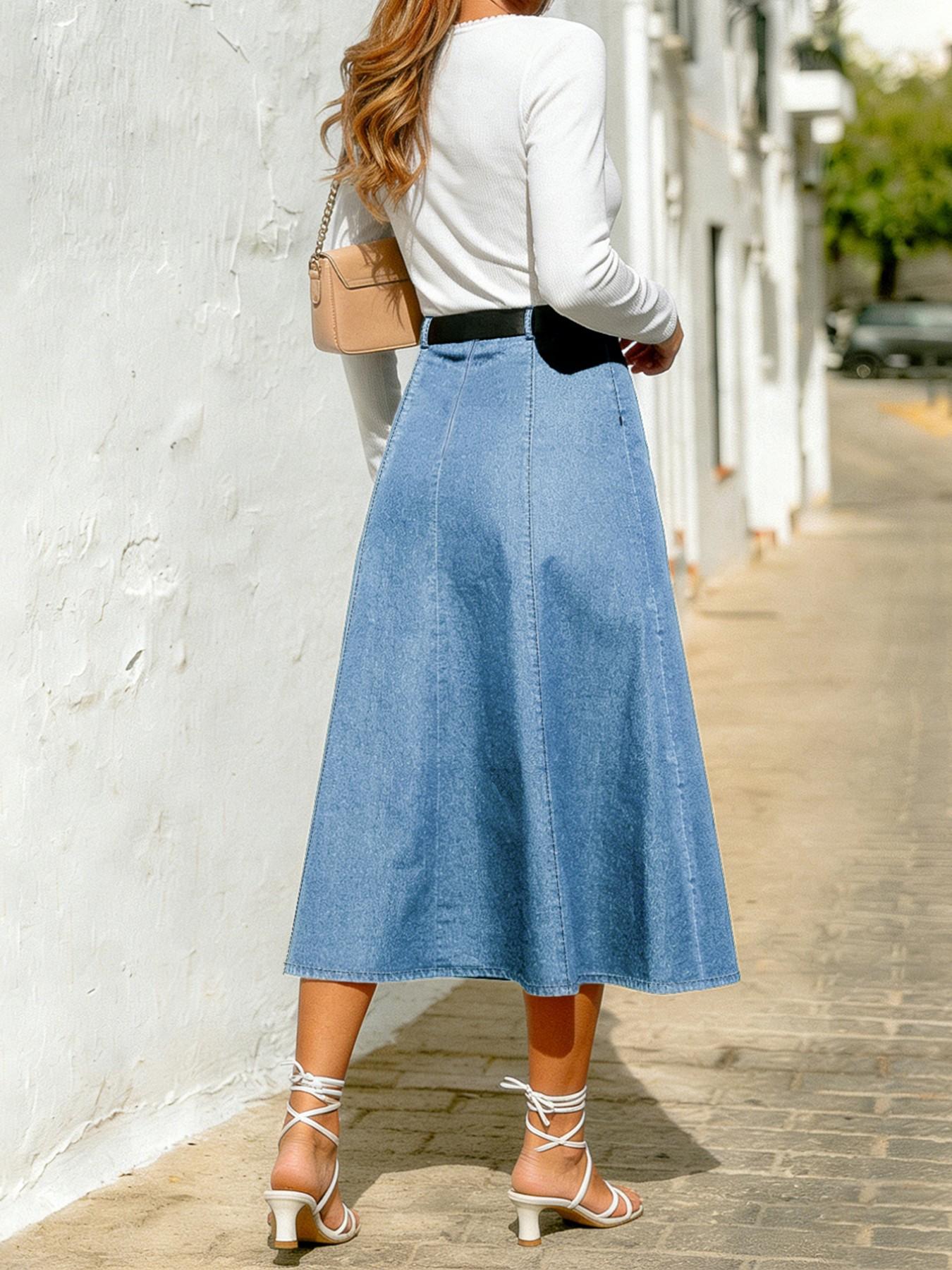 Women's High-Waisted Denim Skirt, Basic Spring & Fall Casual Style, Fitted Design, Solid Color, Long Umbrella Cut, Perfect for Daily Wear
