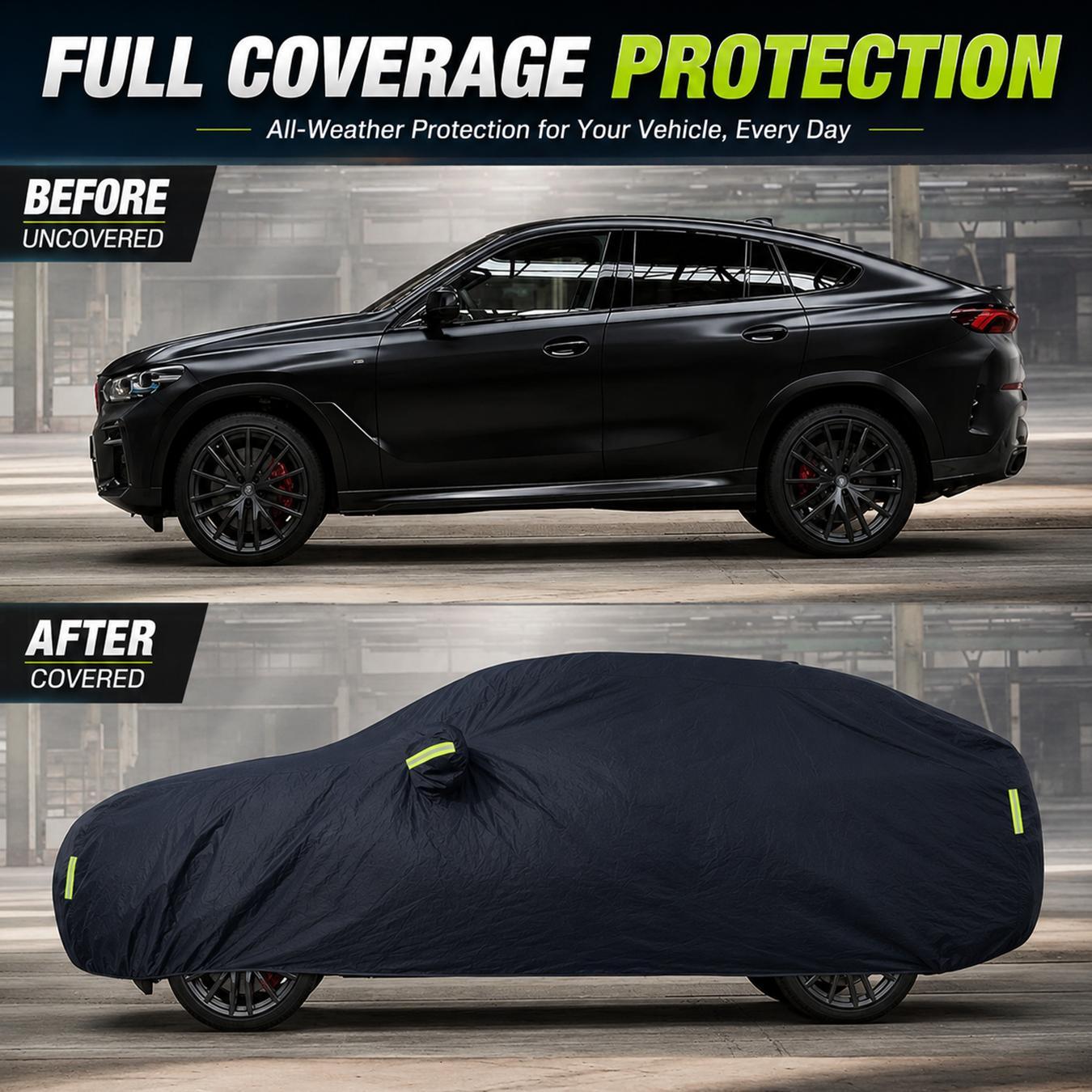 Weatherproof Car Cover with Reflective strip,Outdoor Full Coverage Heavy duty Thick Fabric (190t), Outdoor All Weather Windproof Scratch-Resistant,Heat-Resistant,Fits Various Cars,Dustproof UV protection car cover, Long-Term Outdoor Parking