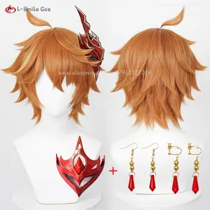 Tartaglia Cosplay Wig Orange Brown Highlight 30cm Short Wig Tartaglia Cosplay Mask Heat Resistant Synthetic Hair Anime Wigs