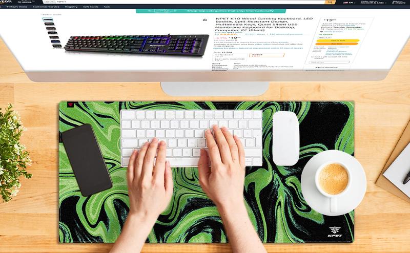 NPET N110 XXL Gaming Desk Mat 35x17 inch Non-Slip Stitched Edge for Office Home Mouse Mover Pad Desktop Accessory with Green Swirl Design