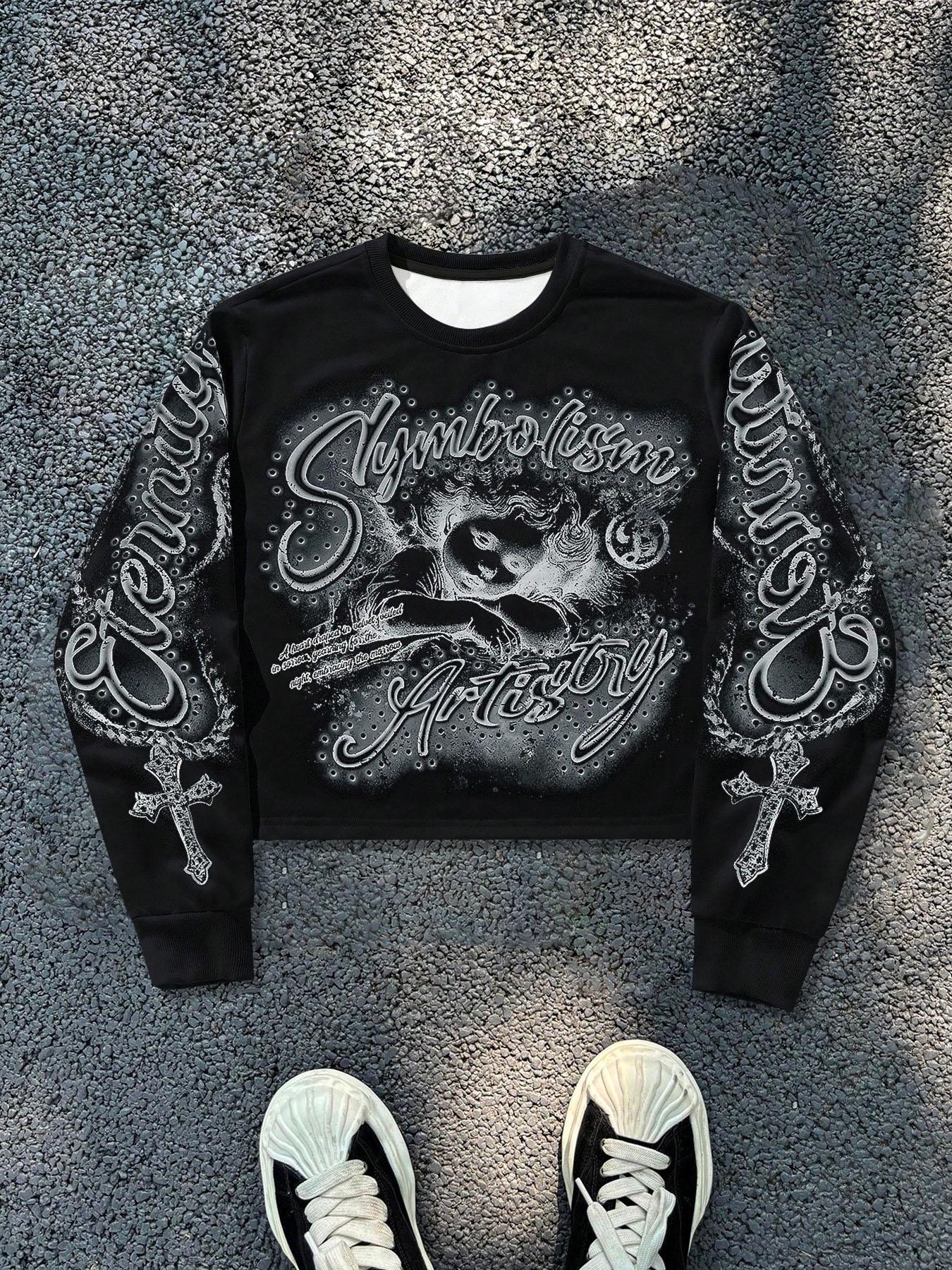 Unisex Streetwear Angel Print Design Sweatshirt, Loose-fitting Casual Long Sleeve Crewneck for Fall & Winter Fashion