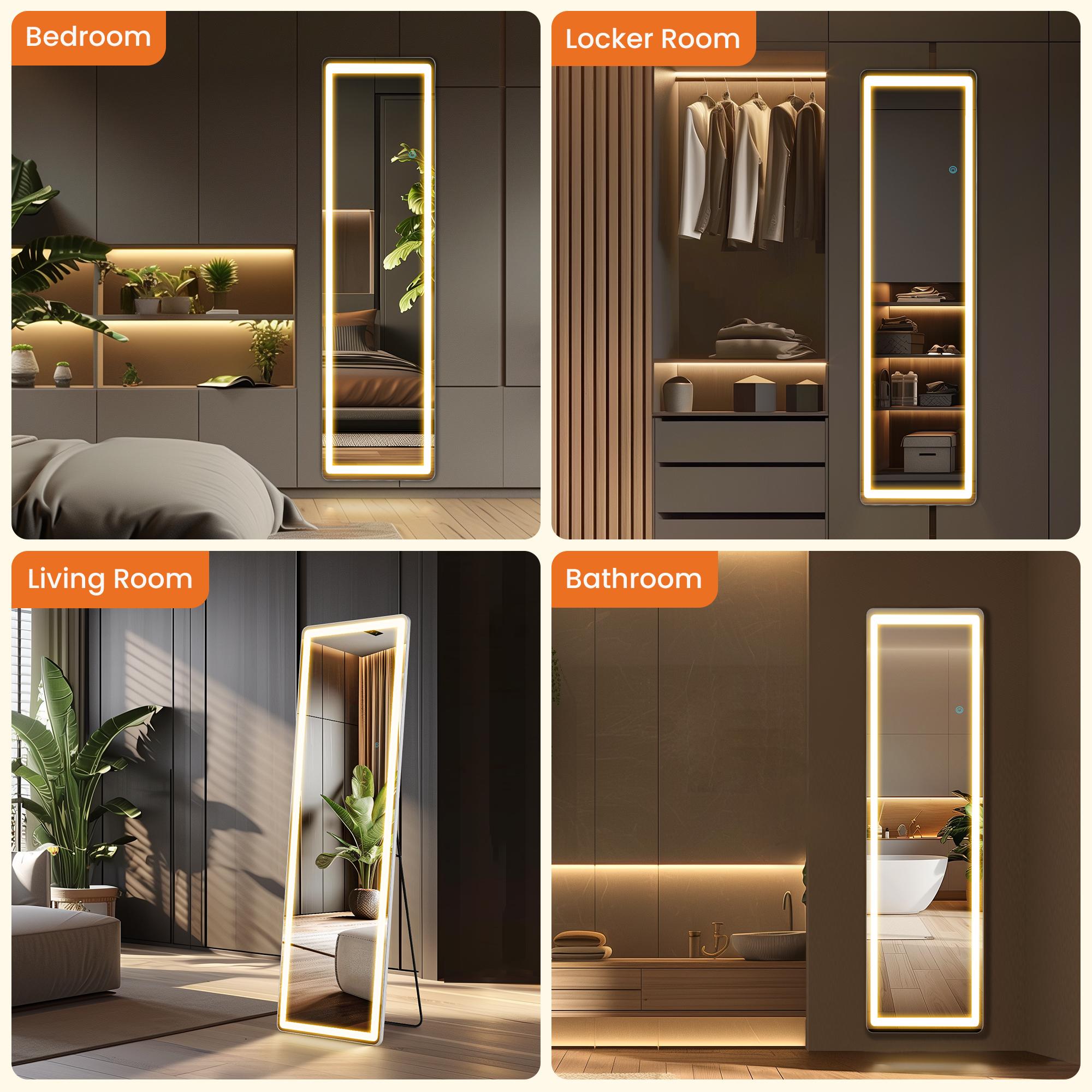 Full Length LED Vanity Mirror with Stand, Dimmable 3 Color Lighting, Wall Mount or Floor Use Aluminum Alloy Frame Durable Glass Mirror with Switch for Bedroom Living Room Decor Standing