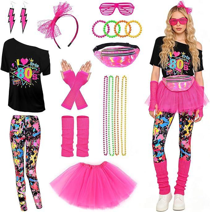 80s Drop Shoulder T-Shirt Tutu Skirt Leopard Skinny Pants Costume Set With Waist Bag Headband Necklace Bracelet Earrings Foot Covers For Bar Music Party Stage Performance
