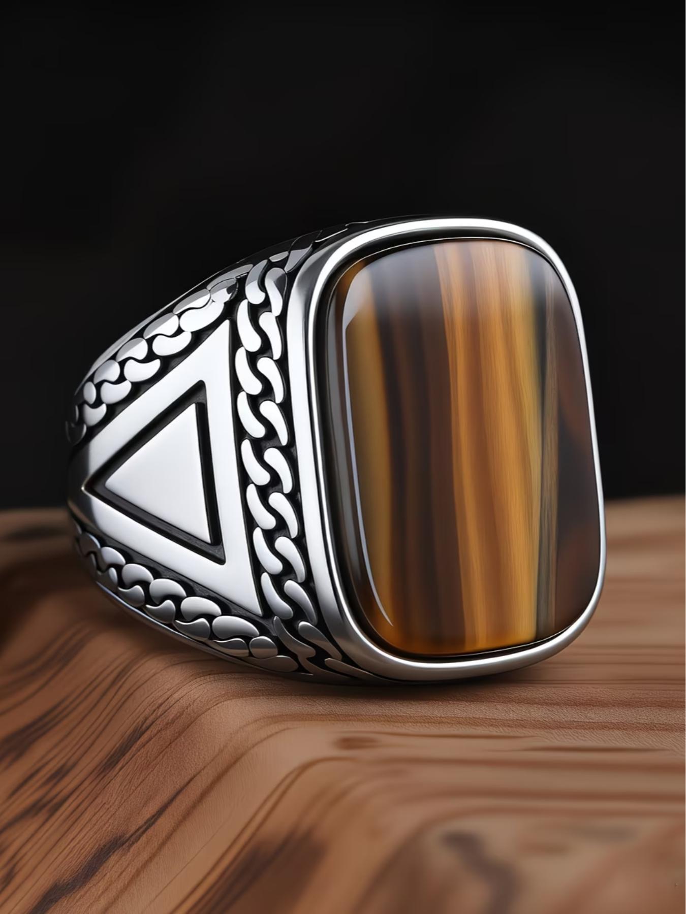 Tribal Style Men's Blue Ring, 316L Stainless Steel, Inlaid with Square Agate, Simple and Grand