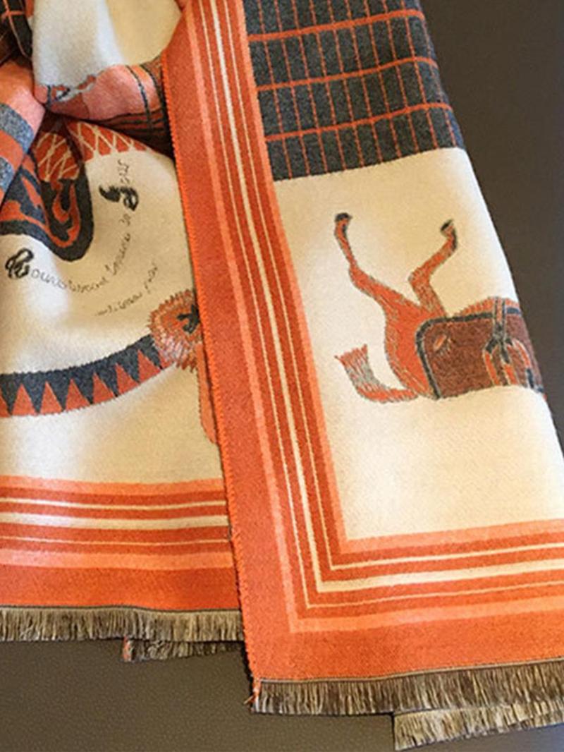 Women's Vintage Horse Pattern Tassel Decor Boho Style Scarf, Casual Soft Warm Shawl for Fall & Winter, Fashion Accessories for Women & Girls