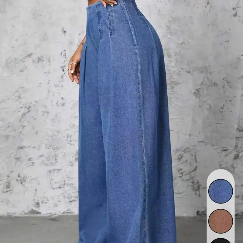 Women High Waist Pleated Front Wide Leg Non Stretch Jeans, Casual Loose Fit Palazzo Denim Trousers, Streetwear Fashion for All Seasons
