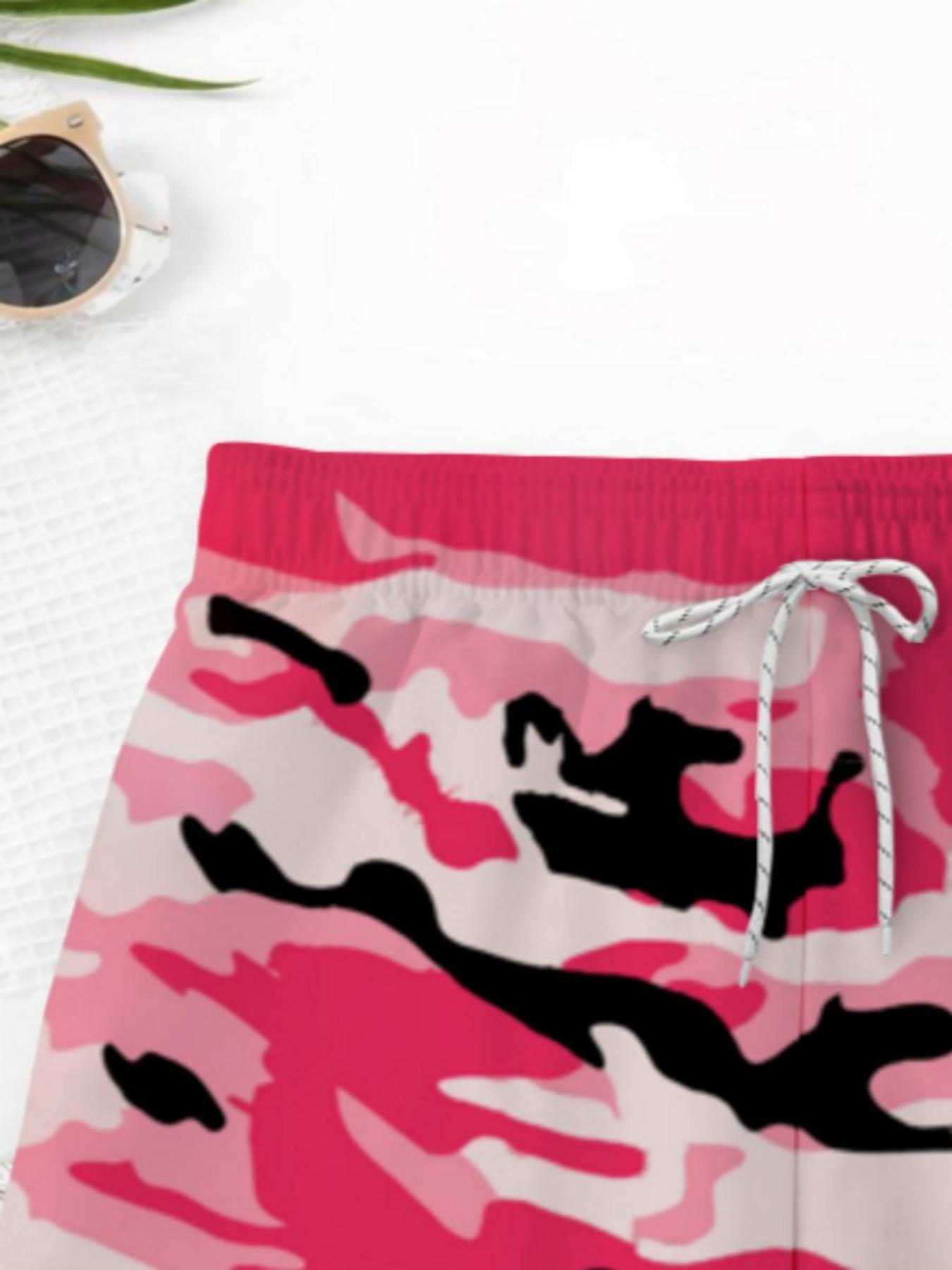 Summer Boys' Camo Print Drawstring Beach Pants, Casual Slim-Fitting Short Pants for Kids, Trendy Swim Trunks for Vacation