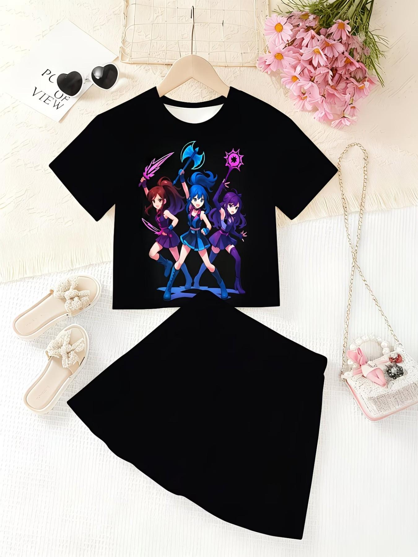 Girls' 3D Cartoon Print T-Shirt and Skirt Set, Casual Slim-Fitting Summer, Round Neck Short Sleeve, Daily Wear