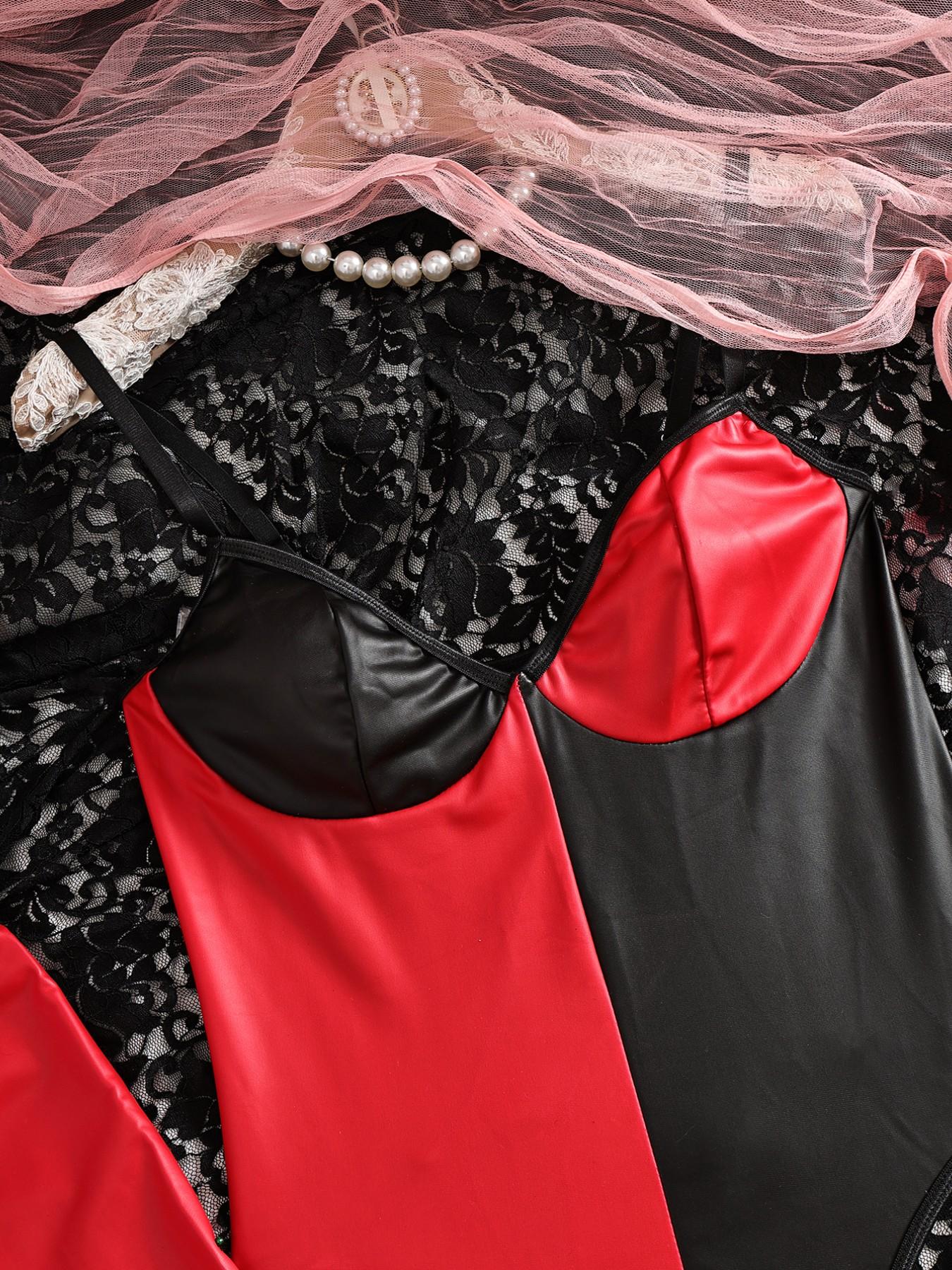 Halloween Devil 3-Piece Set Lingerie, PU Leather Bodysuit with Gloves and Horn Headband, Sexy Slim-Fit Patchwork Cosplay Costume