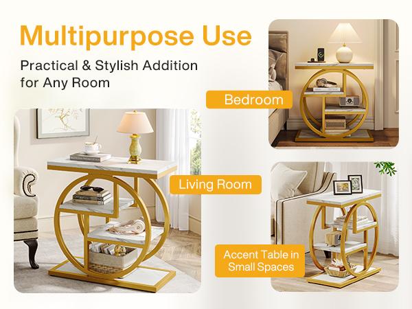 LITTLE TREE End Table for Living Room, Modern Faux Marble Narrow Side Table with Storage Shelves, 4-Tier Bedside Table for Bedroom, Small Sofa Side Table with Geometric Metal Frame circle base LITTLE TREE End Table for Living Room, Modern Faux Marble Narrow Side Table with Storage Shelves, 4-Tier Bedside Table for Bedroom, Small Sofa Side Table with Geometric Metal Frame circle base