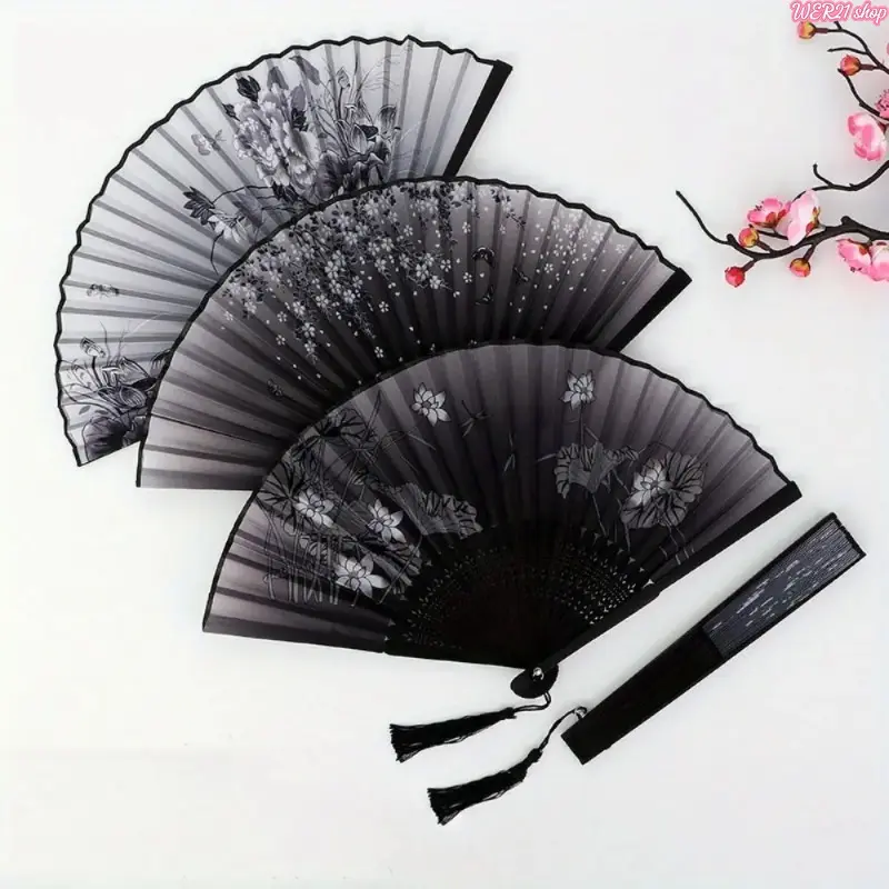 3-Piece Silk & Bamboo Folding Hand Fans With Tassels, Vintage Floral Artwork Traditional Fans, Decorative Home Ornaments, Ideal Wedding Party Favors