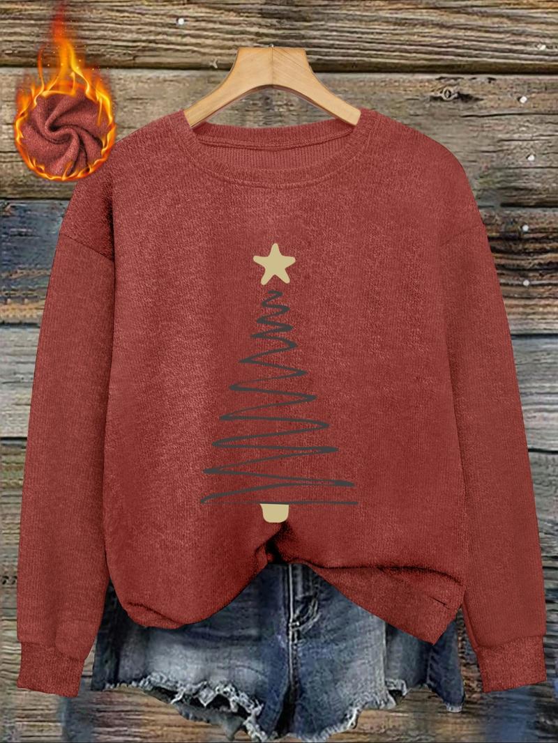 [Autumn and Winter] Women's casual and fashionable round neck faux sweater tops, women's Halloween round neck faux sweater tops, Christmas line Christmas tree print comfortable round neck faux sweater tops