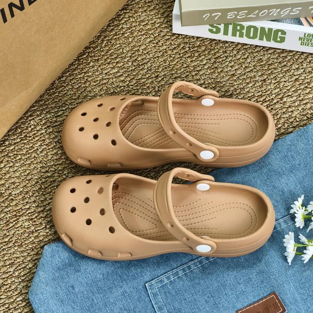 Retro EVA Outer Wear Mary Jane Slippers Shoes Summer New Women's Cute Ballet Hole Shoes Anti Slip Outdoor Beach Sandals