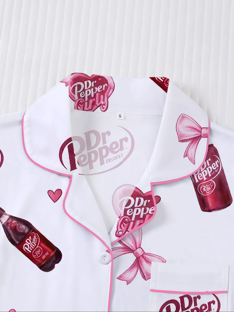 Women's Heart Bow Print Sleepwear Set, Short Sleeve Button-Up Top & Elastic Shorts, Casual Home Wear, Party