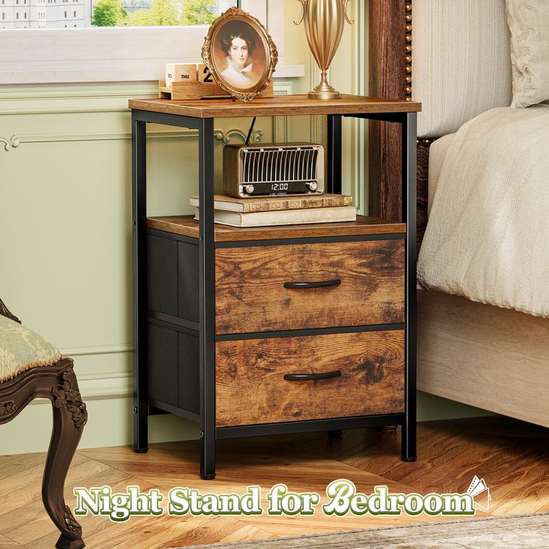 Huuger Night Stand with 2 Drawers, Bed Side Table with Open Shelf, Wooden Top, End Table for Small Space, Bedroom, Fabric Drawer