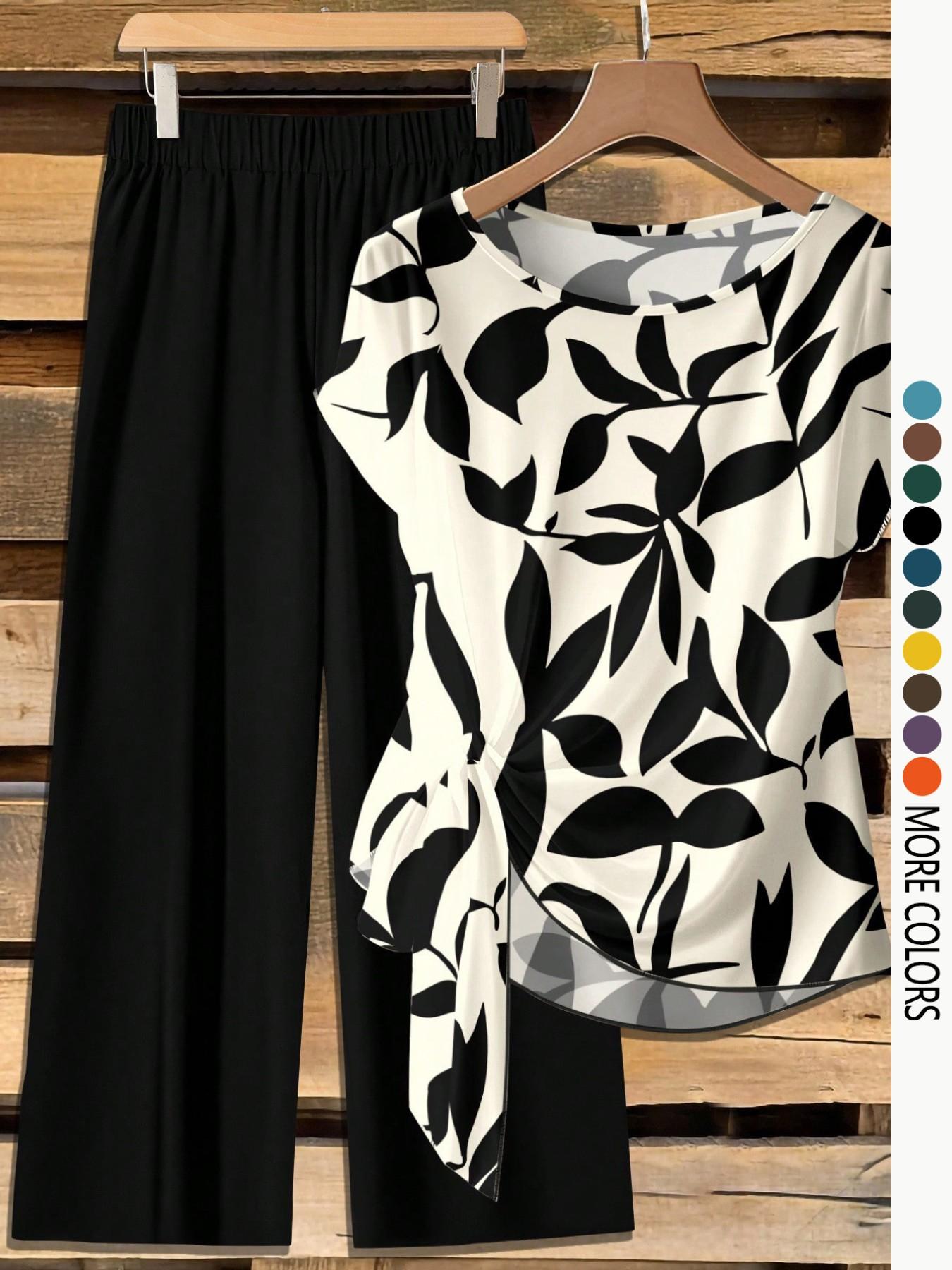 Women's Casual Printed Necktie Shirt and Loose Straight Pants Set, Perfect for Spring and Summer, Comfortable Two-Piece Women's Casual Printed Necktie Shirt and Loose Straight Pants Set, Perfect for Spring and Summer, Comfortable Two-Piece