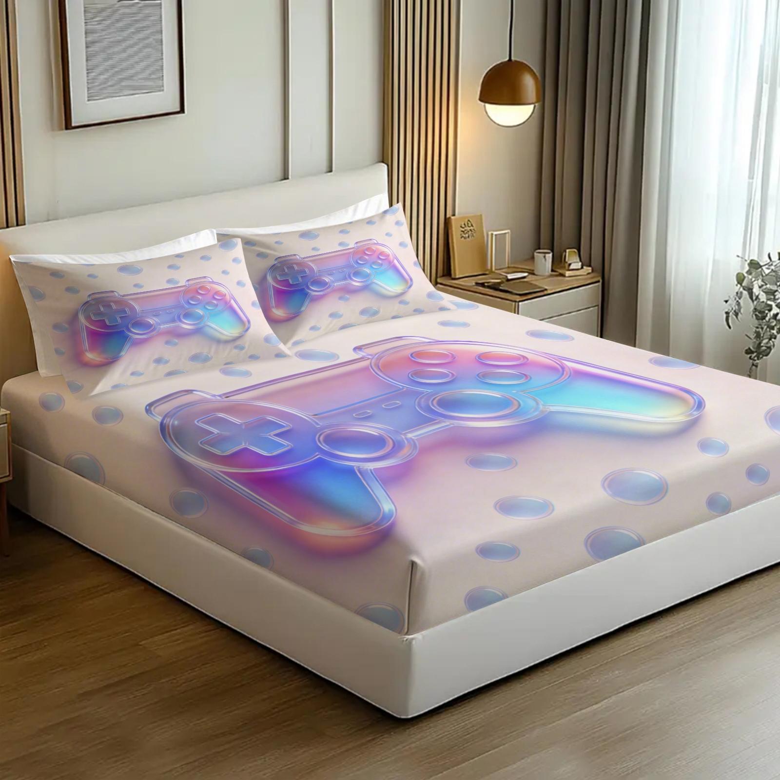 3-Piece Laser Game Controller Bed Skirt Set Fitted Sheet Set, Soft Breathable Fabric, Non-Slip Design, Perfect for Gaming Room, Sweet and Cool Sleep Setup