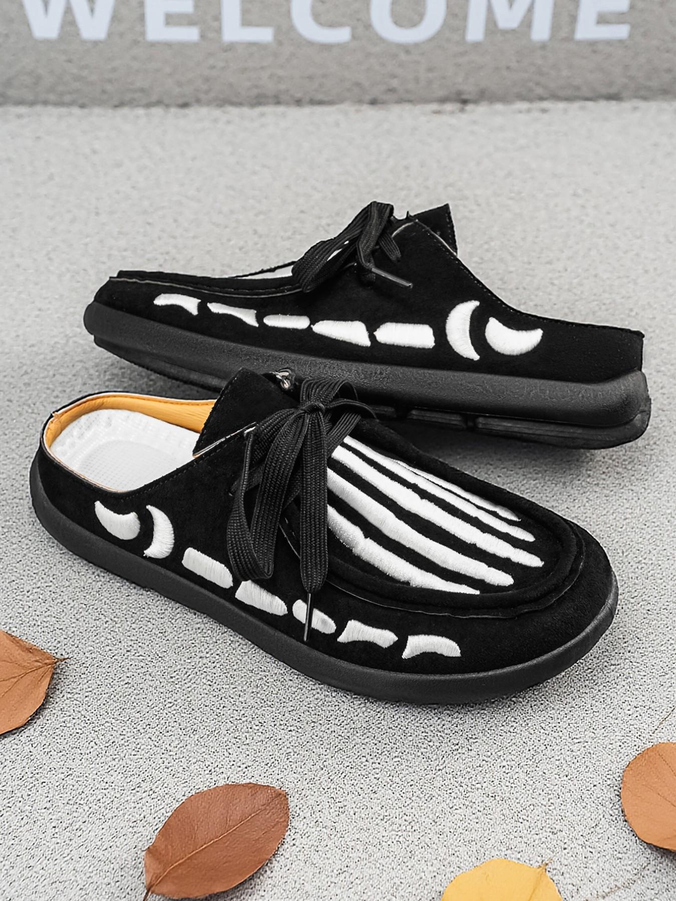Men's Skull Print Slip-On Mules, Gothic Casual Half Sandals, All Season Lightweight Shoes, Sizes 39-46, Dark Academia Style