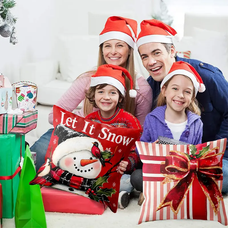 4pcs Set of 18x18 Inch Christmas Throw Pillow Covers,  Winter Holiday Cushion Case Decoration, Snowman Christmas tree Designs, ZipperClosure,Linen,Peach Skin, Merry Christmas Decor 2026 for Home, Couch, Sofa, Living Room – No Inserts Included