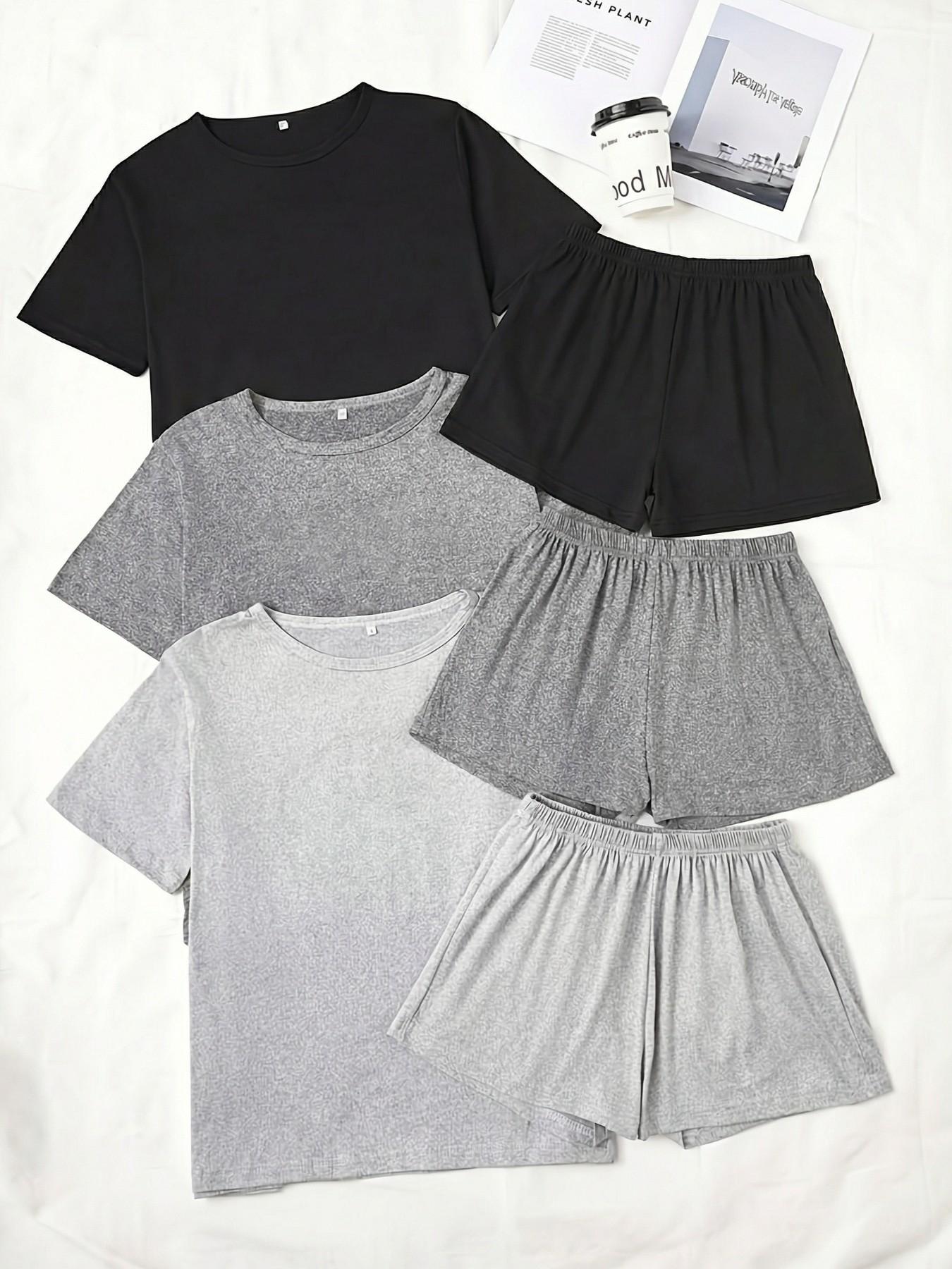 Women's Three-Piece Solid Color Short Sleeve Shorts Sleepwear Pajama Set, Casual Pajama Sets, Comfortable Casual Loungewear, Homewear, Pajamas Loungewear, Perfect for Home Relaxation