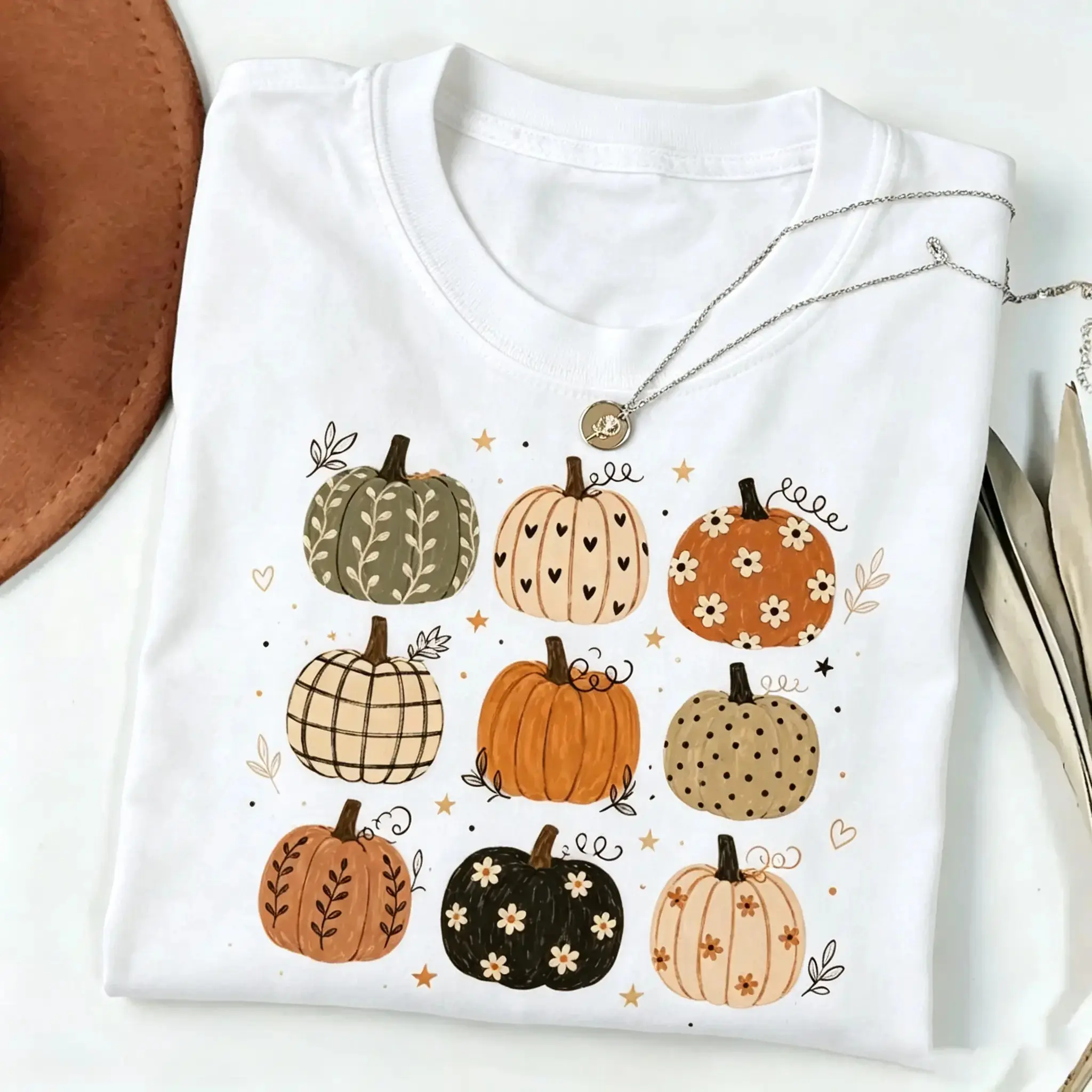 Boho Pumpkin T-Shirt, Cute Fall Pumpkin Pattern Tee, Autumn Cottagecore Tshirt, Harvest Thanksgiving Gift