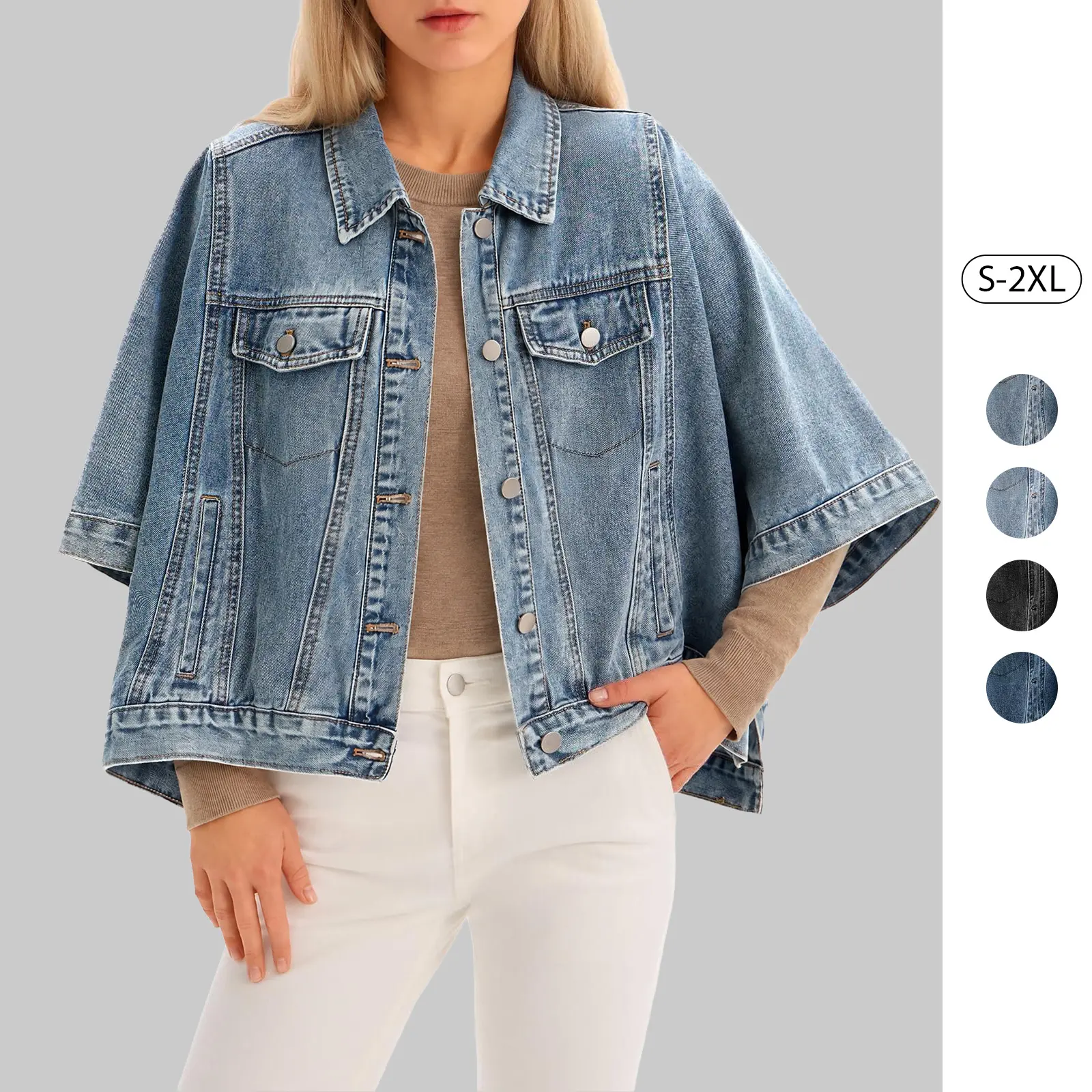 【Restock】Tankaneo Womens Jean Jacket Oversized Cropped Short Sleeve Cotton Denim Jacket Fall Trendy Cape Outerwear with Pockets