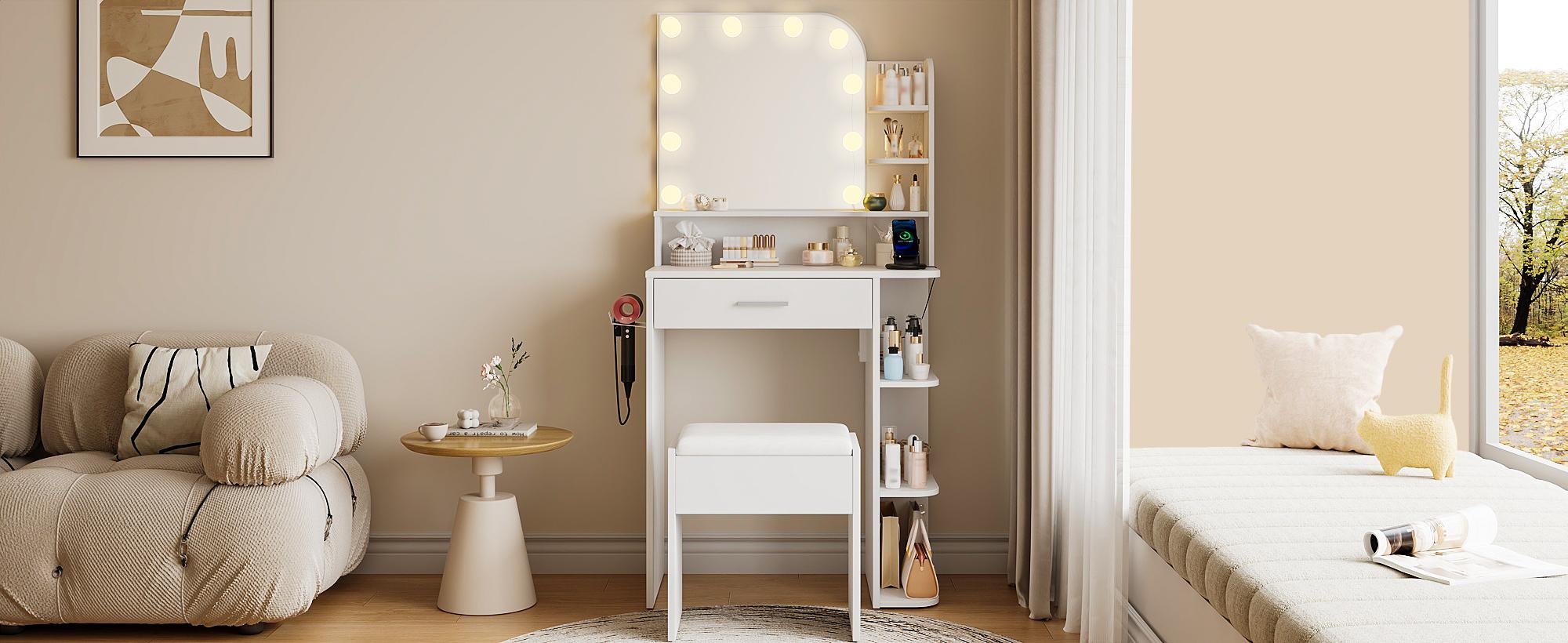 Small Makeup Vanity Desk with Mirror and Lights, 26.4" Small Vanity for Small Space with Stool and Charging Station, Compact Vanity with 3 Color Lighting Modes (White)