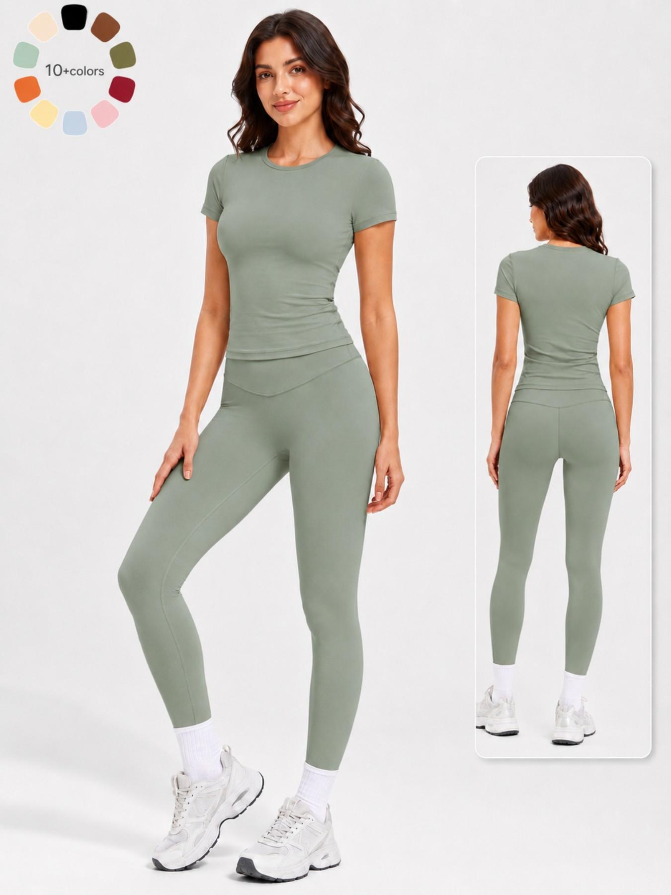 Women's 2-Piece Athletic Workout Set, Short-Sleeve Round-Neck Slim-Fit Crop Tee & High-Rise V-Front Yoga Leggings, Casual Running Gym Activewear Yoga Sportswear Set for Daily Wear