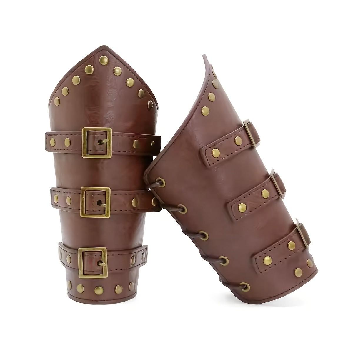 4pcs Medieval Knight Buckle Wrist Guards, Leaf Texture Waist Bag, PU Leather Belt, Halloween Costume Accessory, Unisex Role Play Props