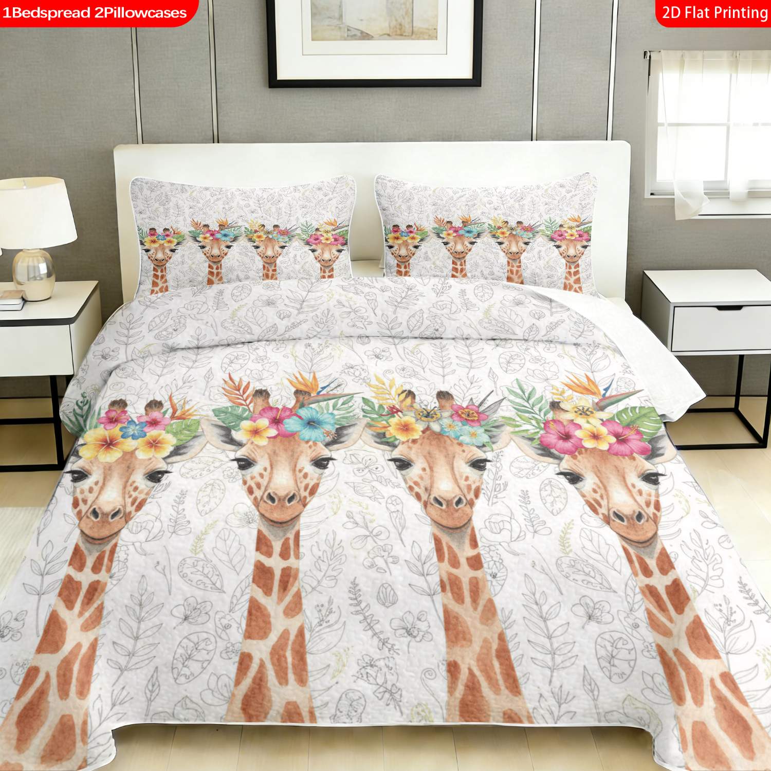 3 pcs, 2D flat print Watercolor Giraffe Floral Crown Bed Cover Set, Multiple Sizes Available, Bedding Set, All Seasons, Gift for Loved Ones(1 bedspread , 2 pillowcases)