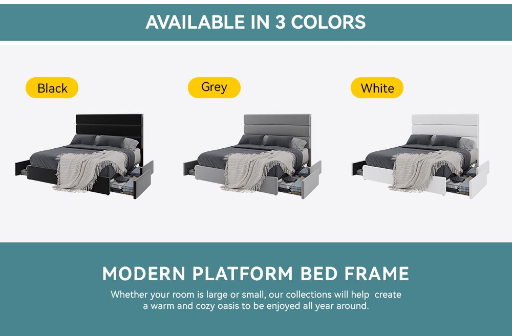HOOMIC Platform Bed Frame with 4 Storage Drawers and Upholstered Headboard,Modern Bed with Horizontal/Vertical Stripes,No Box Spring Needed,Full/Queen/King Size,White/Grey/Black,#TikTokShopfalldealsforyou