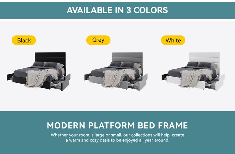 HOOMIC Platform Bed Frame with 4 Storage Drawers and Upholstered Headboard,Modern Bed with Horizontal/Vertical Stripes,No Box Spring Needed,Full/Queen/King Size,White/Grey/Black,#TikTokShopfalldealsforyou