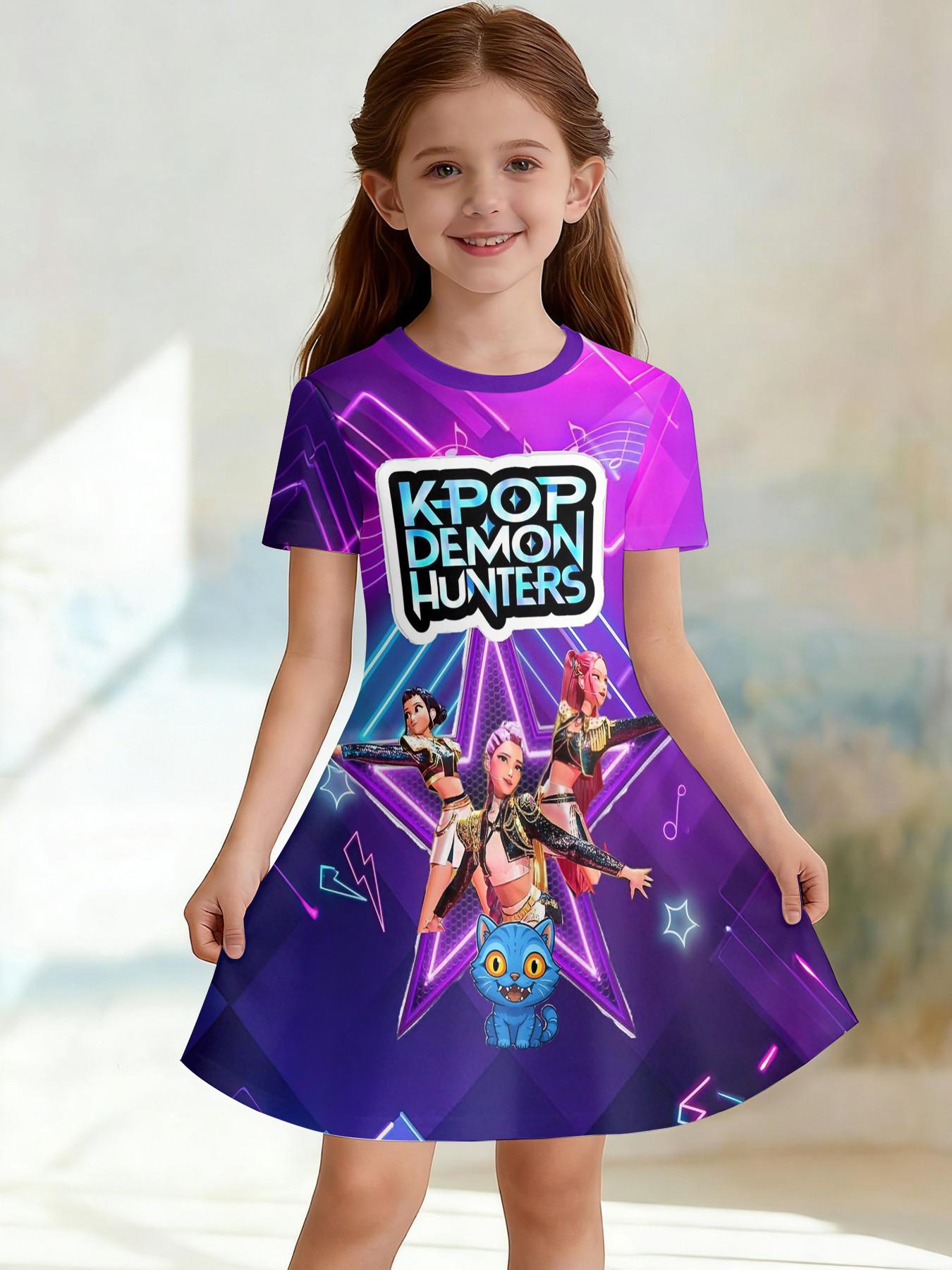 Girls' 3D Dress Base K-Pop Demon Hunters Full Print, Perfect for Parties, Festive Gifts, Birthday Presents, Casual Style