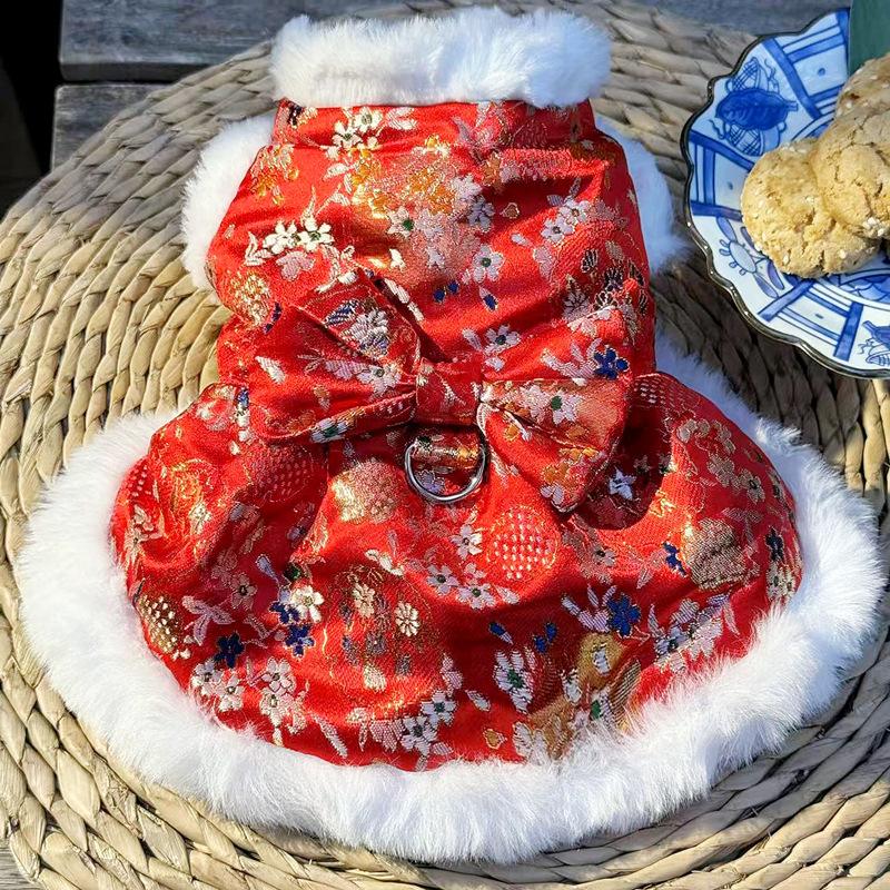 Pet New Year Outfit 3D Butterfly Dog Clothes with Leash Festive for Teddy Bichon Cat Autumn Winter