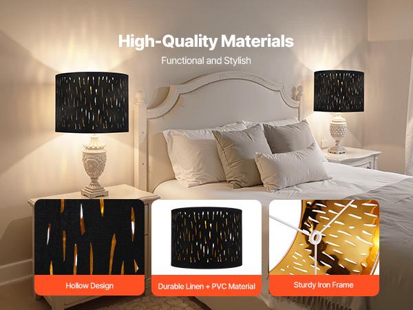 VEVOR Drum Lamp Shade 2 Set, 13 in Topx 13 in Bottomx 10 in High, Medium Drum Lampshade with Harp, Replacement Lamp Shade for Table Lamps Floor Lamps Pendant Lights, Black Hollow-carved Design