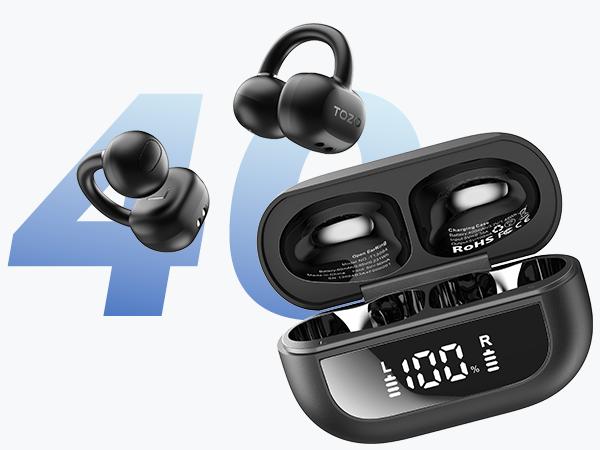 TOZO-OpenEarRing True Open Ear Headphones, Lightweight Comfort Open Ear Clip Wireless Earbuds, Bluetooth 5.3 Headphones with Smart Digital Display Design Fit Sports Cycling, Running, Workout Black FathersDayGift Audio Headset Electronic