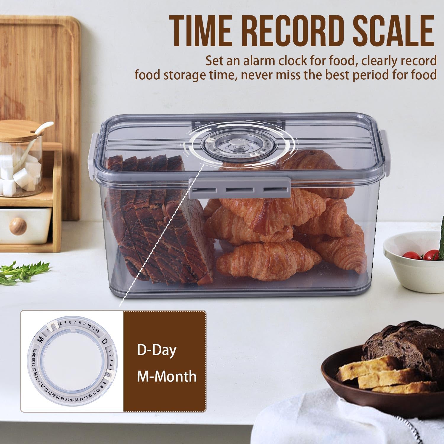 Bread Box for Kitchen Counter Airtight, Time Recording Bread Storage Container with Lid, Bread Keeper for Homemade Bread, Toast, Bagel, Donut and Cookies, Sealed Bread Box