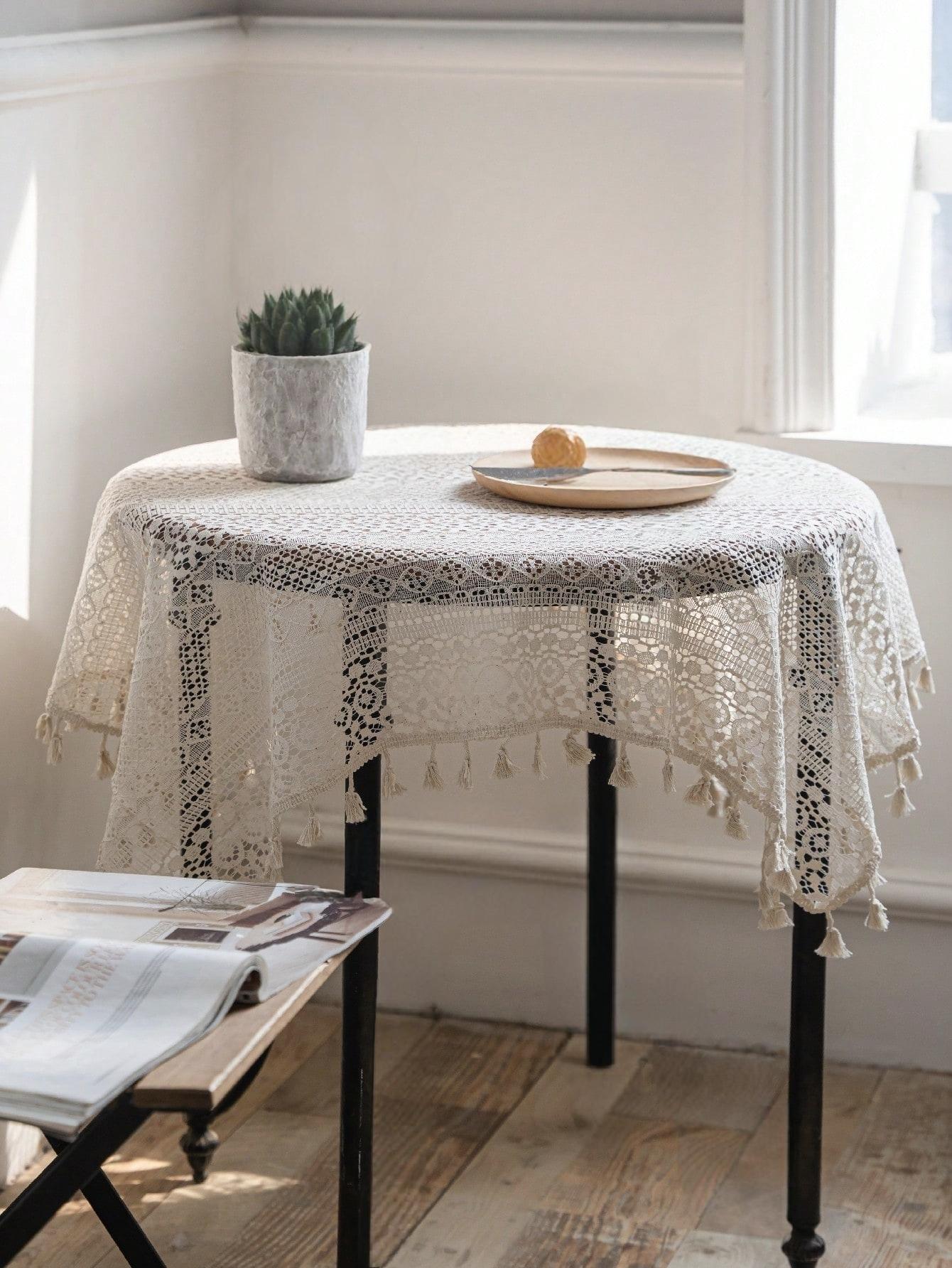 1pc Geometric Lace Tablecloth with Fringe, Square Cutout Design, Ideal for Cabinets, Dining Tables, and Tea Tables