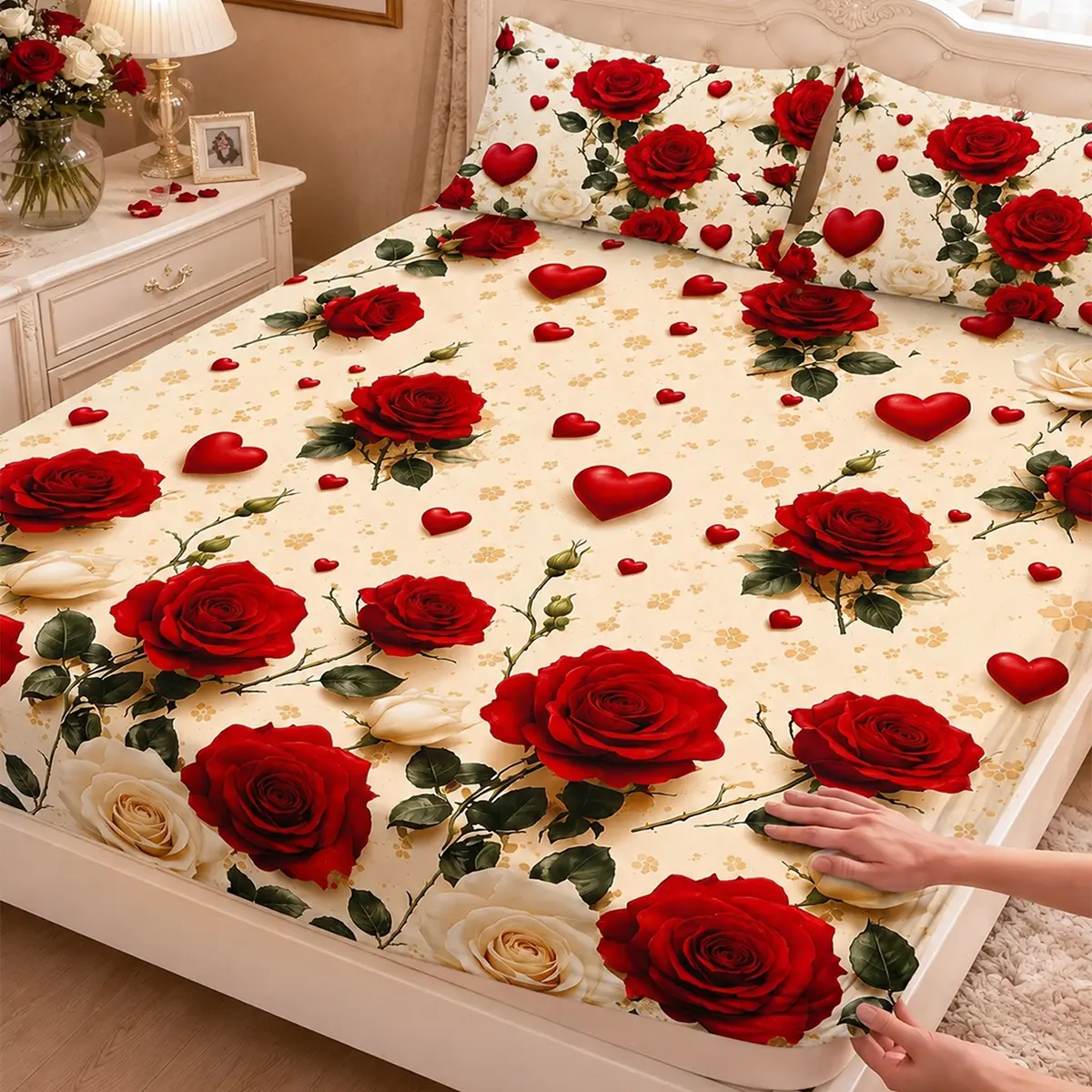 3pcs Three-piece fitted sheet set with red rose and heart floral print. Includes one fitted sheet and two pillowcases (pillow inserts not included). Soft, comfortable, and breathable. Available in multiple sizes. Suitable for master bedrooms, guest rooms