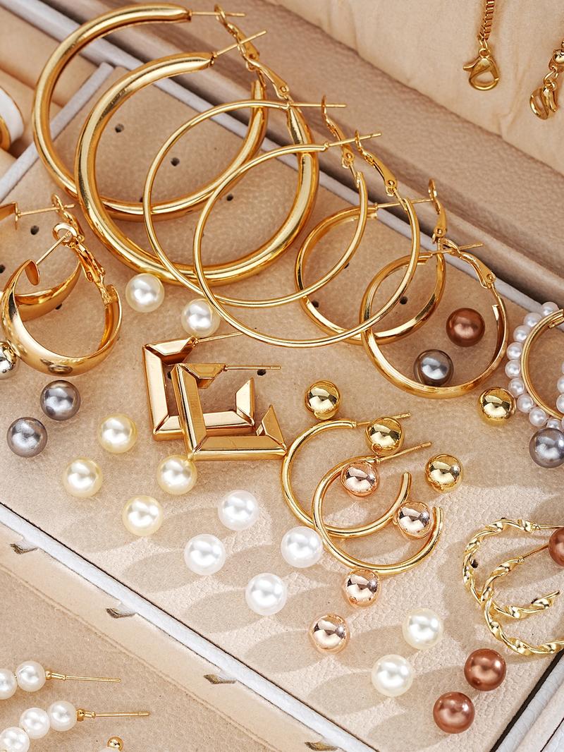 Fashion Faux Pearl Decorated Jewelry, Heart & Flower & Geometric Shape Earring Bracelet Necklace Ring Jewelry Set, Gifts without Box