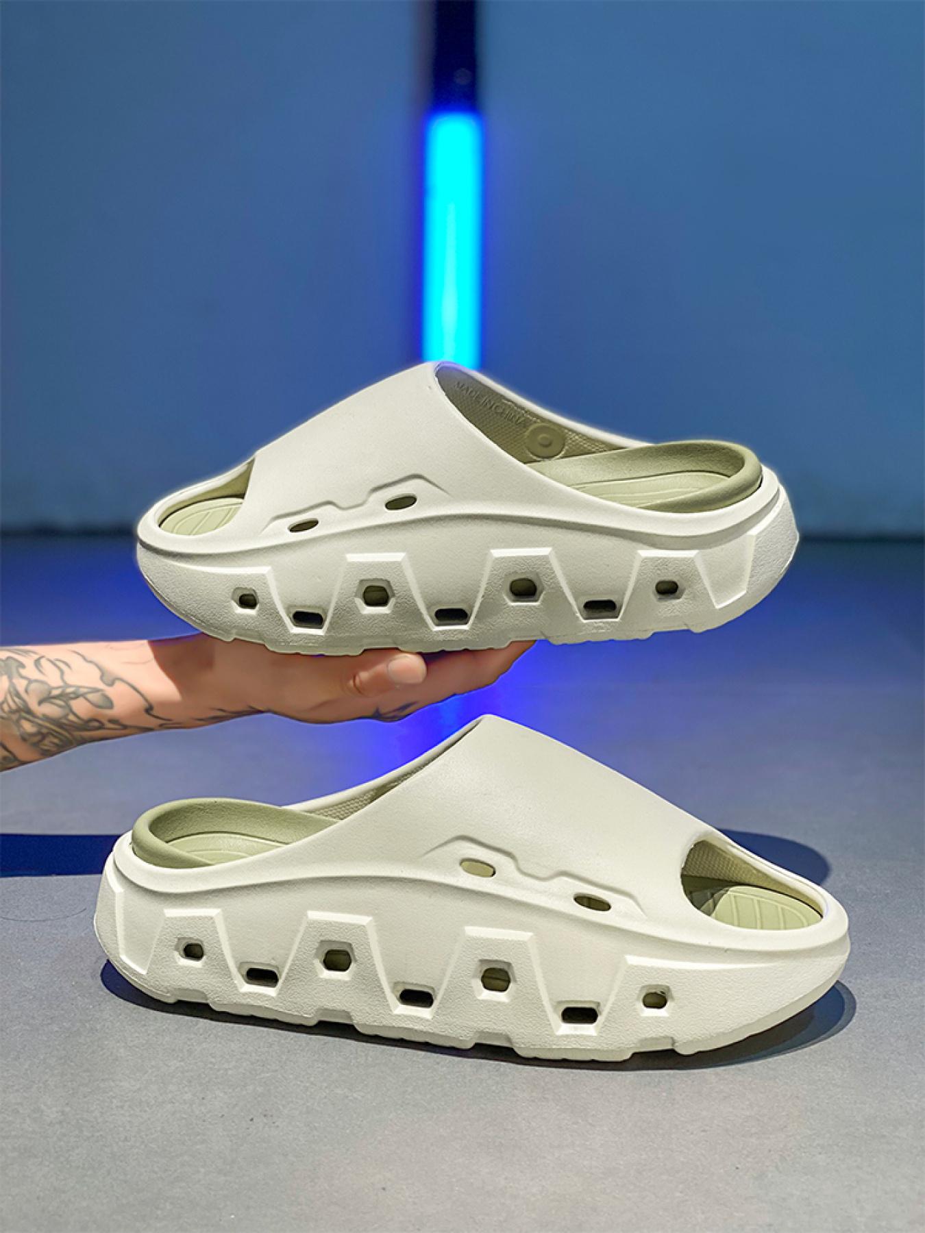 Women's White-Black Color-Block Slides: Breathable Hollow + Soft Shock-Absorbing Sole, Anti-Slip Bathroom Home Slippers