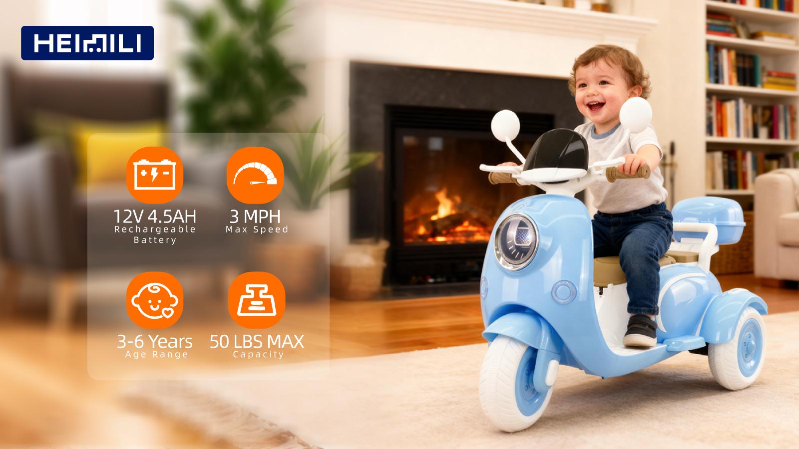 HEIMILI Electric Kids Motorcycle with Storage,Electric Scooter for 3 Year Old,3-Wheel 12V Ride On Scooter for Kids, Motorcycle for Girls, Ideal Moped for Girls Ages 3-6 Trike Bike Toddler Tricycle