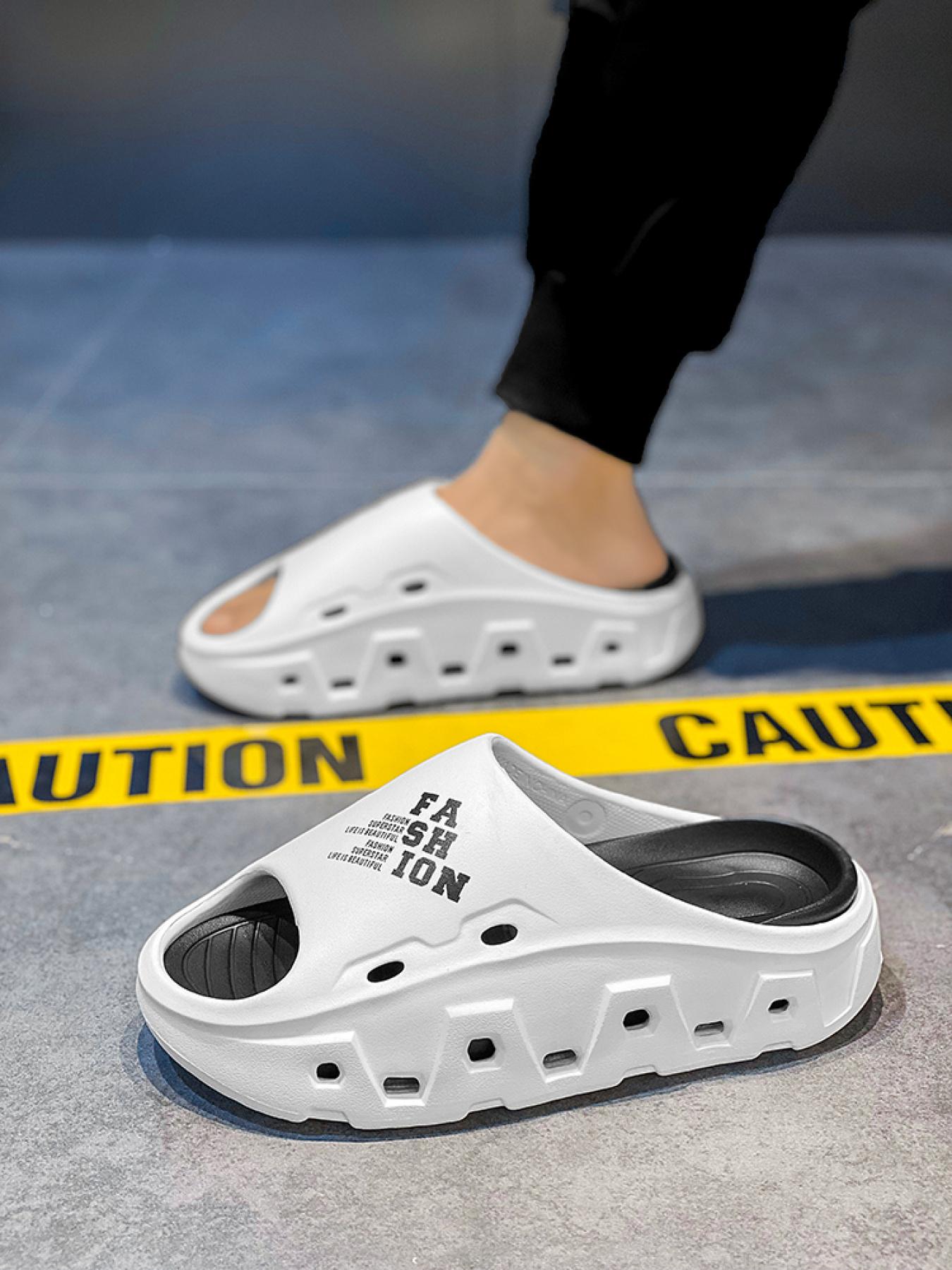 Women's White-Black Color-Block Slides: Breathable Hollow + Soft Shock-Absorbing Sole, Anti-Slip Bathroom Home Slippers