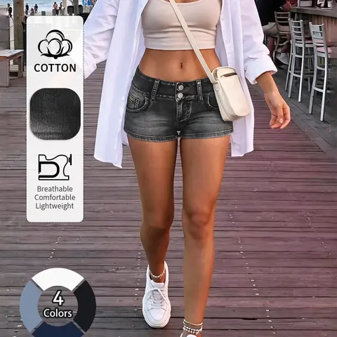 Women's Casual Denim Shorts Low Waist Design with Pockets, Button Front, Comfortable for Daily Wear and Everyday Casual Activities