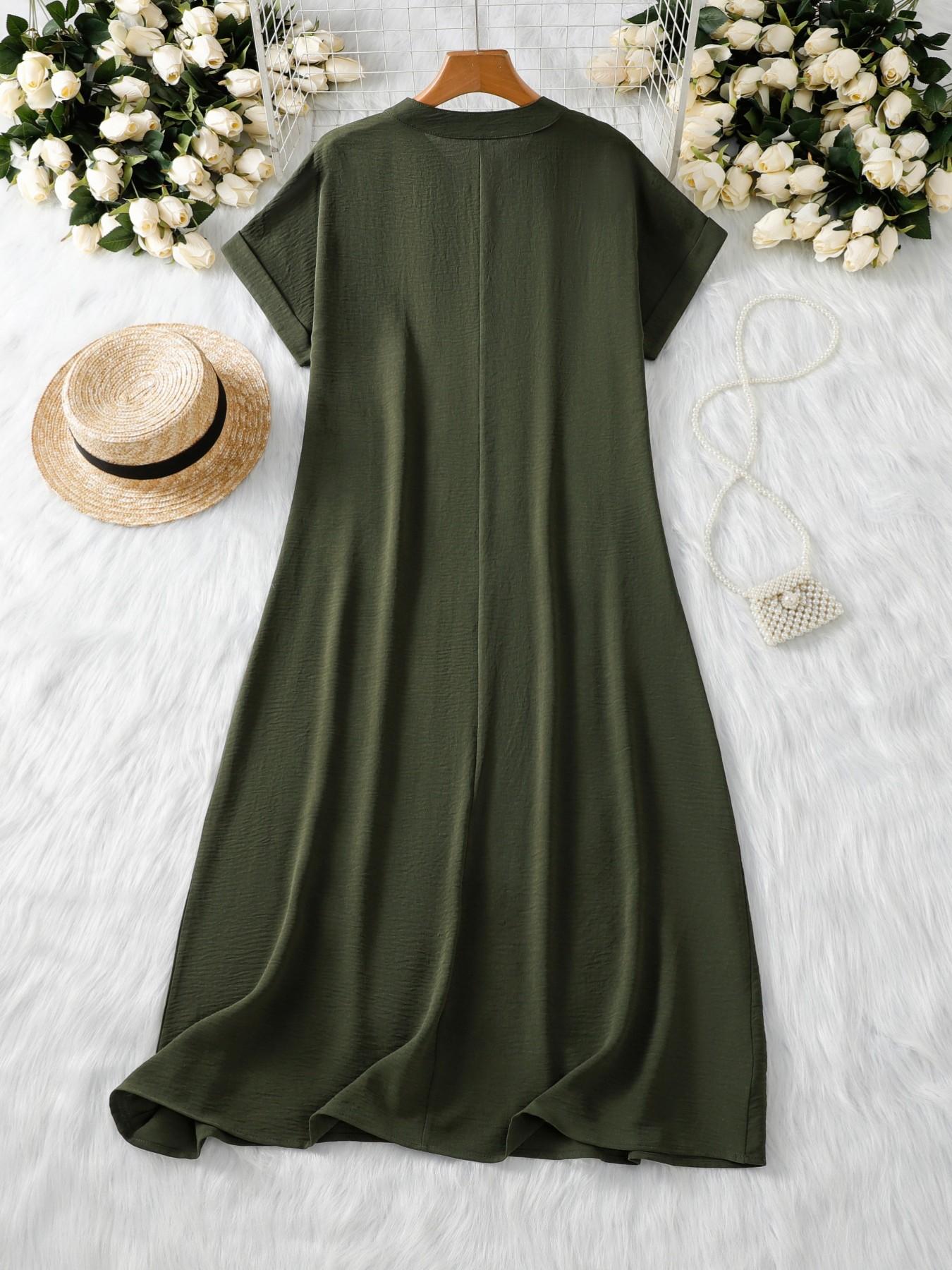 Women's Plain Solid V-Neck Short Sleeve Dress, Simple Long Dress for Women, Fitted Casual Fashion, Perfect for Daily Wear