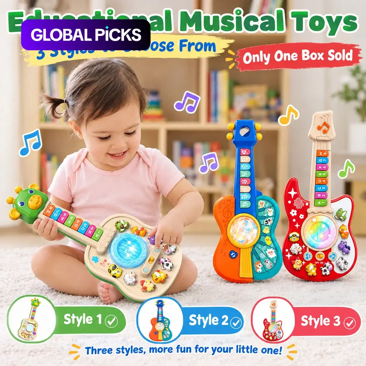 Music Guitar Toy for Kids, Abc Learning, Light and Sound, Interactive Instrument, Animal Sounds, Holiday Gift, Requires Aa Batteries