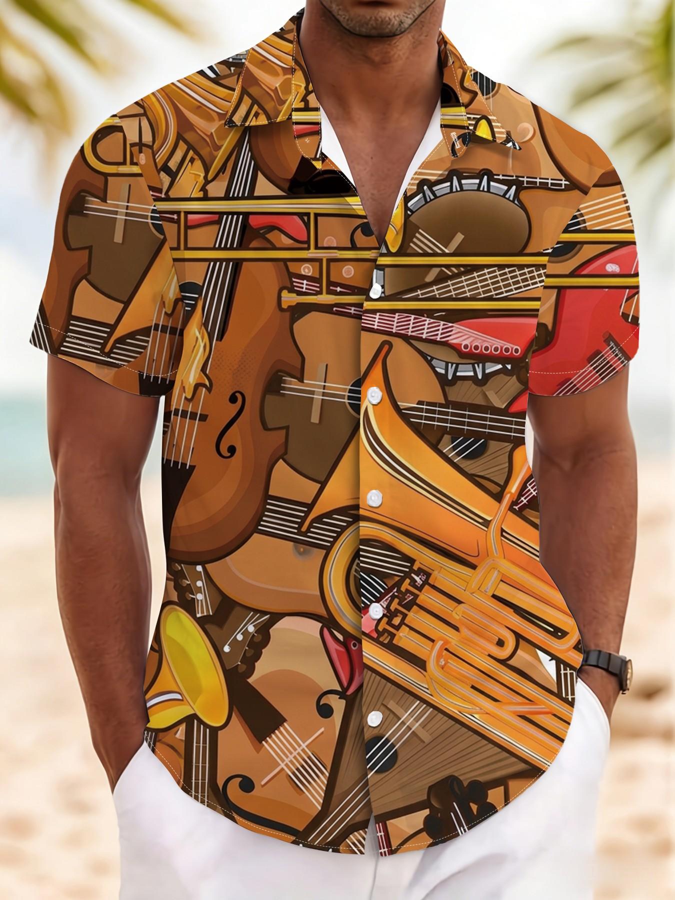 New Summer Men's Short Sleeve Shirt, Vintage Instrument All over Print, Casual Breathable Beach Holiday Hawaiian Shirt