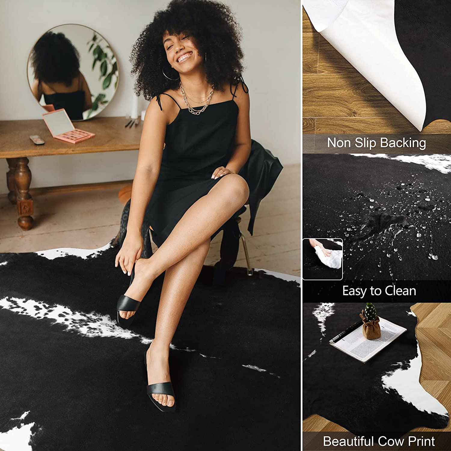 【Deals for You Days】Faux Cowhide Rug Cow Print Carpet Faux Fur Animal Hide Rug Large Area Rug Western Style Rug for Living Room Bedroom Durable Non Slip