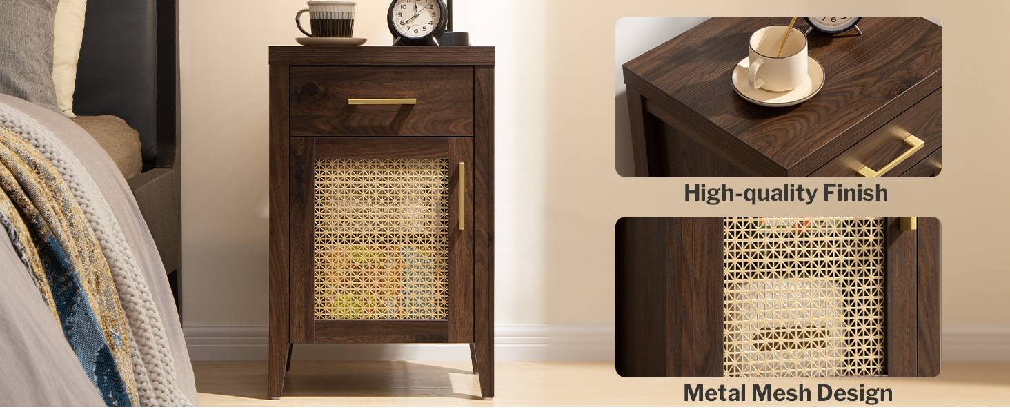 SICOTAS Tall Nightstands Set of 2 with Drawer, Mid Century Modern Wood Night Stand Rustic Bedside Tables with Storage, Vintage End Tables with Metal Mesh Door for Bedroom, Brown Oak