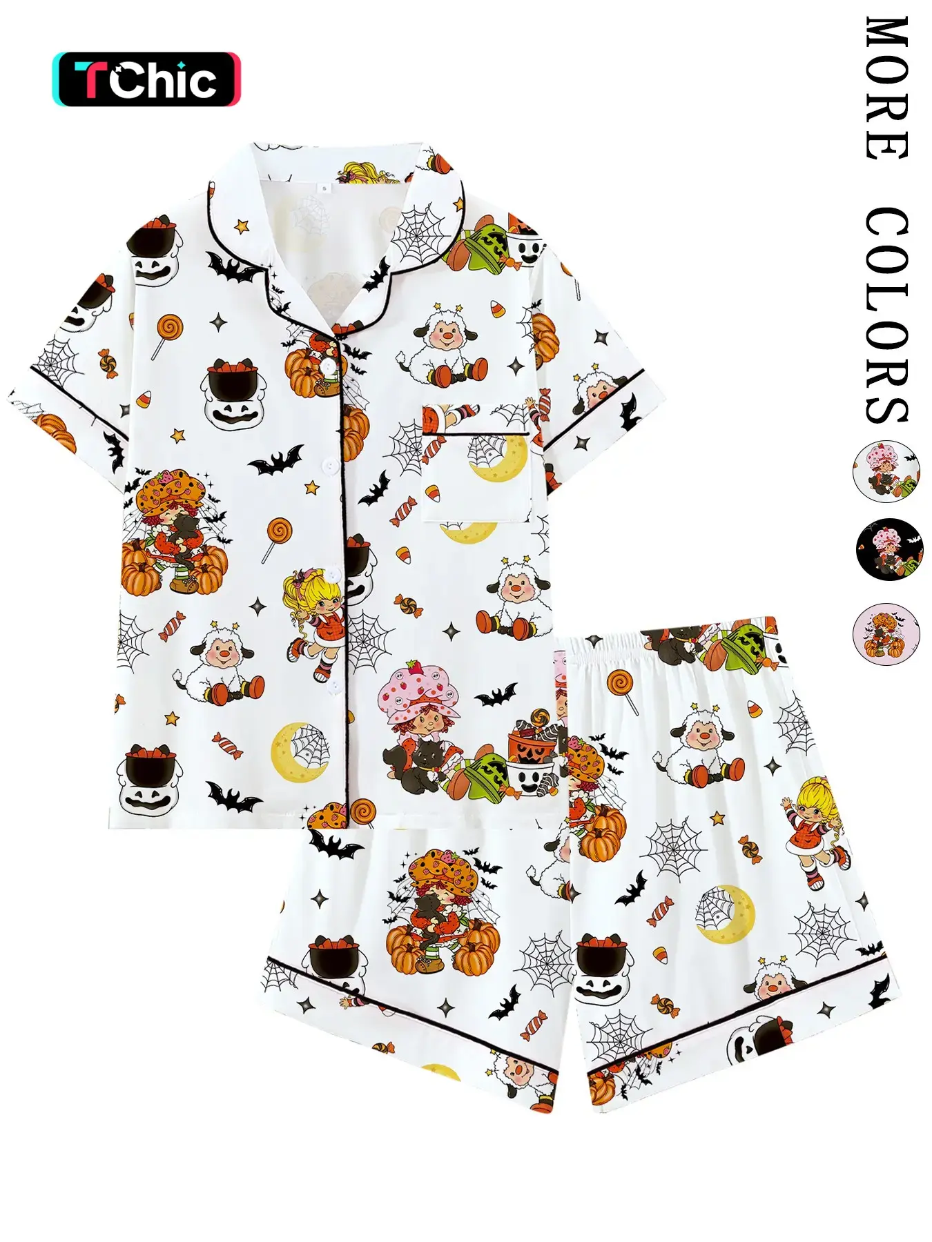 【Halloween】Retro Strawberry Girl Halloween Collared Pajama Set | Cute 80s Nostalgic Cartoon & Pumpkin Print Sleepwear | Soft Short Sleeve Button Down Lounge Outfit | Fun Summeroween 2-Piece PJs with Black Piping Pj Sets